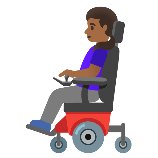 Google design of the woman in motorized wheelchair: medium-dark skin tone emoji verson:Noto Color Emoji 15.0
