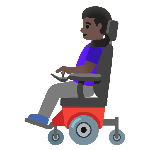 Google design of the woman in motorized wheelchair: dark skin tone emoji verson:Noto Color Emoji 15.0