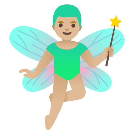 Google design of the man fairy: medium-light skin tone emoji verson:Noto Color Emoji 15.0