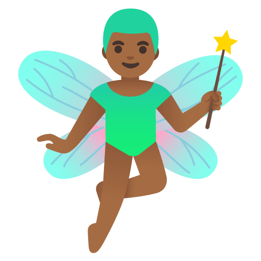 Google design of the man fairy: medium-dark skin tone emoji verson:Noto Color Emoji 15.0