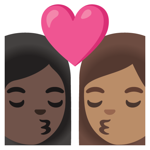 Google design of the kiss: woman woman dark skin tone medium skin tone emoji verson:Noto Color Emoji 15.0