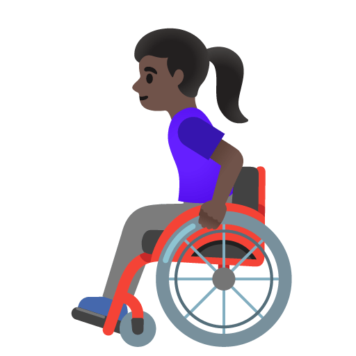 Google design of the woman in manual wheelchair: dark skin tone emoji verson:Noto Color Emoji 15.0