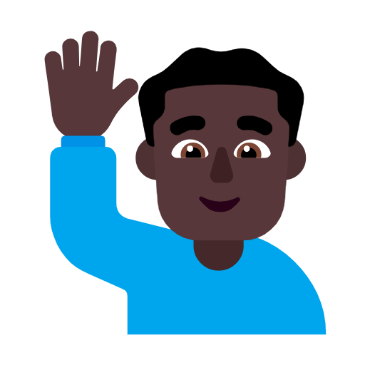 Microsoft design of the man raising hand: dark skin tone emoji verson:Windows-11-23H2