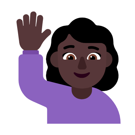 Microsoft design of the woman raising hand: dark skin tone emoji verson:Windows-11-23H2
