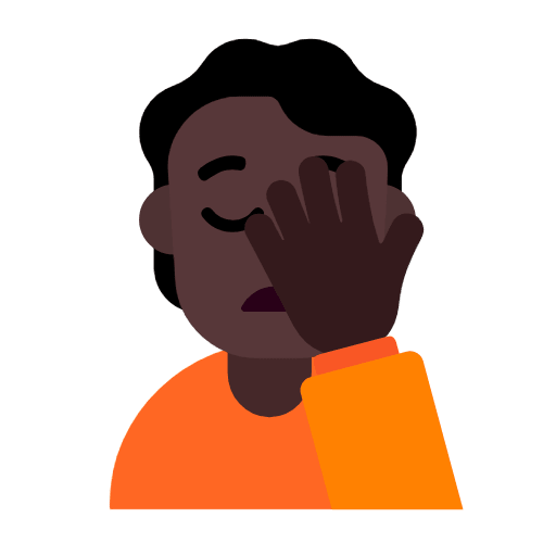Microsoft design of the person facepalming: dark skin tone emoji verson:Windows-11-23H2
