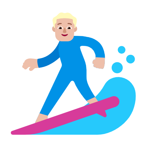 Microsoft design of the man surfing: medium-light skin tone emoji verson:Windows-11-23H2