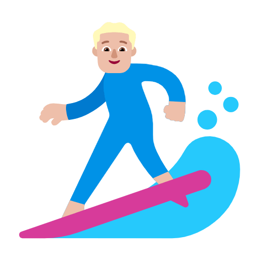 Microsoft design of the man surfing: medium-light skin tone emoji verson:Windows-11-23H2