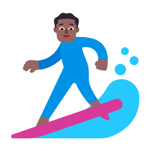 Microsoft design of the man surfing: medium-dark skin tone emoji verson:Windows-11-23H2