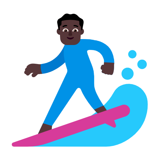 Microsoft design of the man surfing: dark skin tone emoji verson:Windows-11-23H2