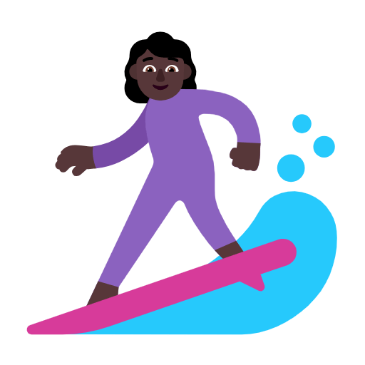 Microsoft design of the woman surfing: dark skin tone emoji verson:Windows-11-23H2