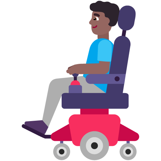 Microsoft design of the man in motorized wheelchair: medium-dark skin tone emoji verson:Windows-11-22H2