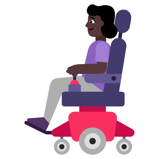 Microsoft design of the woman in motorized wheelchair: dark skin tone emoji verson:Windows-11-22H2