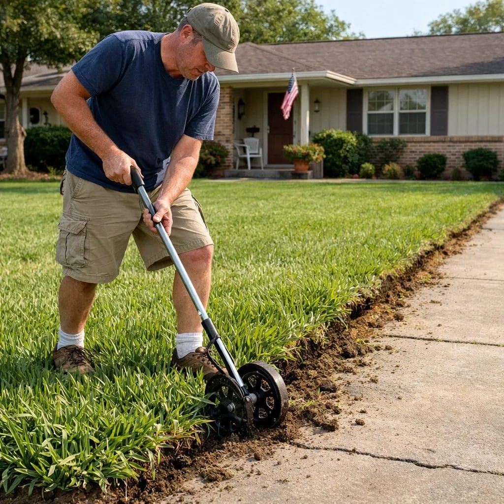 [Realistic US suburban front yard, homeowner using a rotary edger on thick St. Augustine grass, visible ragged edge resu