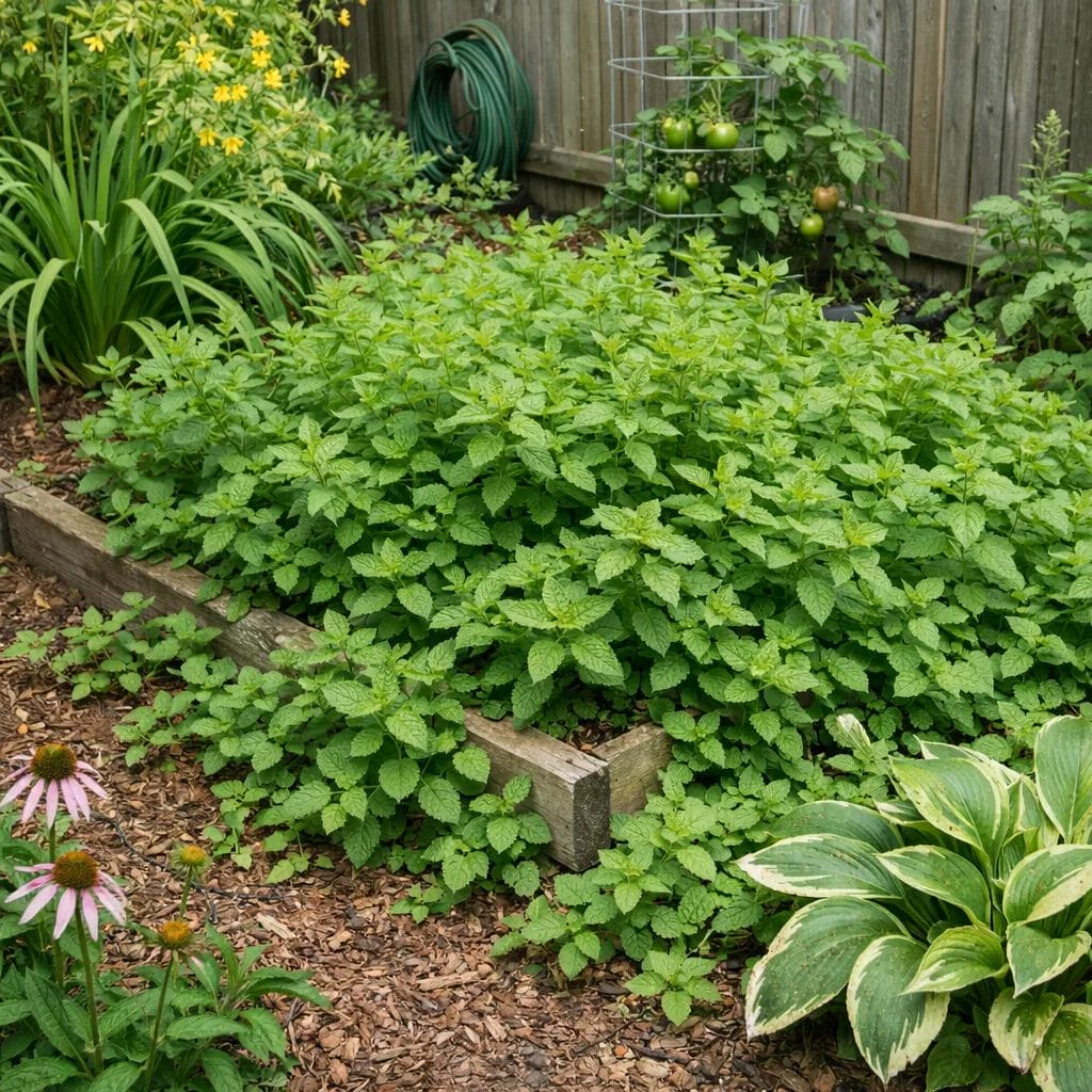 [realistic US suburban garden with mint plants visibly spreading across a garden bed beyond its borders, overtaking surr