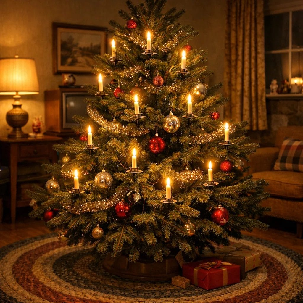 A 1960s Christmas tree with small real clip-on candle holders, lit candles glowing warmly among the branches, a vintage 