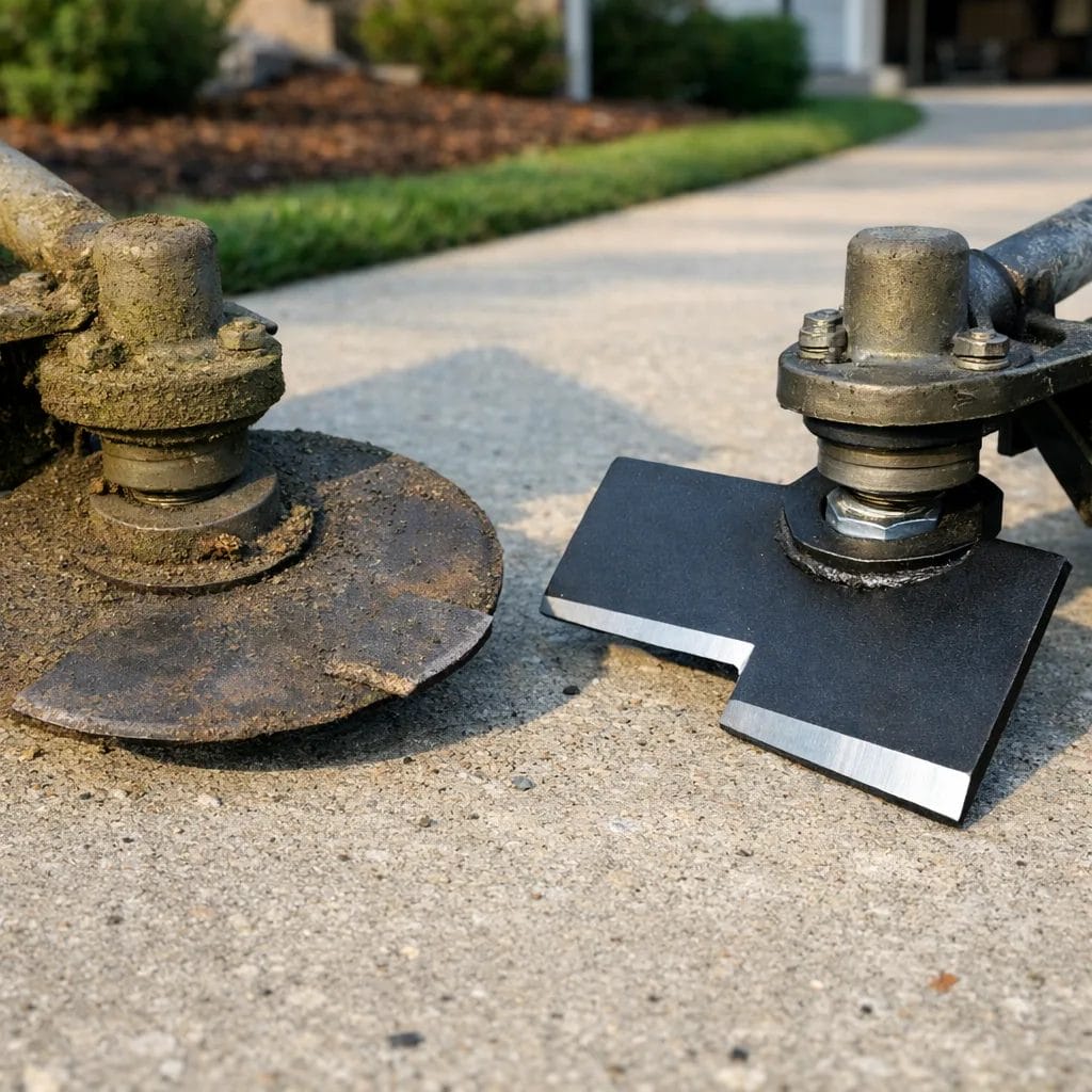 [Close-up of a dull string trimmer blade next to a freshly sharpened edger blade on a concrete driveway, US suburban set