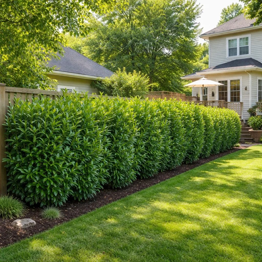 [realistic US suburban backyard with a dense Skip Laurel privacy hedge along a fence line — photorealistic, natural afte