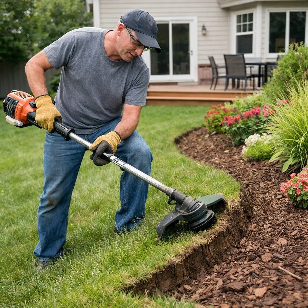 [Homeowner in suburban backyard holding string trimmer at the wrong horizontal angle against a garden bed edge, resultin