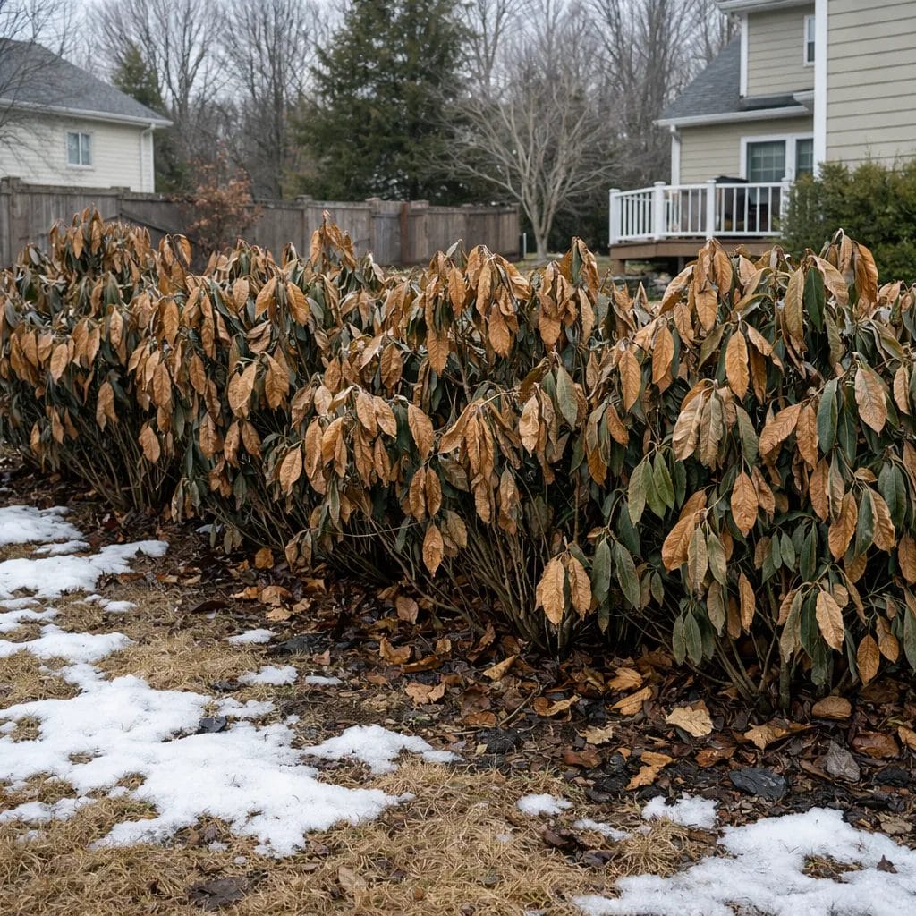 [realistic US suburban backyard showing Cherry Laurel shrubs with frost damage and brown leaves in a cold-climate yard, 