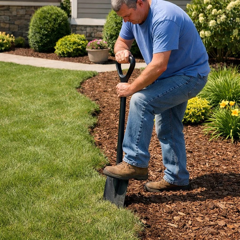 [Homeowner pressing a garden spade vertically along a grass-to-mulch bed border in a suburban front yard, lumpy uneven c