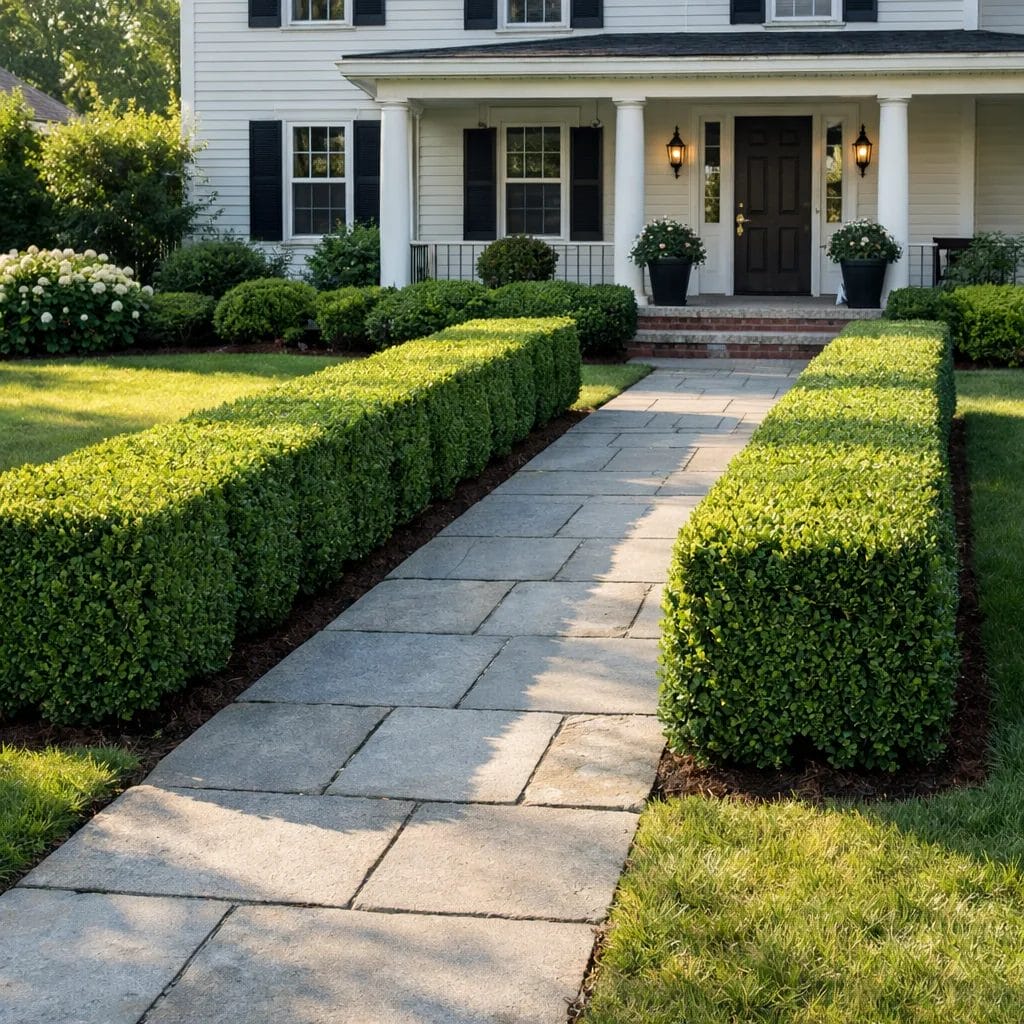 [realistic US suburban front yard with neatly trimmed classic Boxwood hedges flanking a front walkway — photorealistic, 