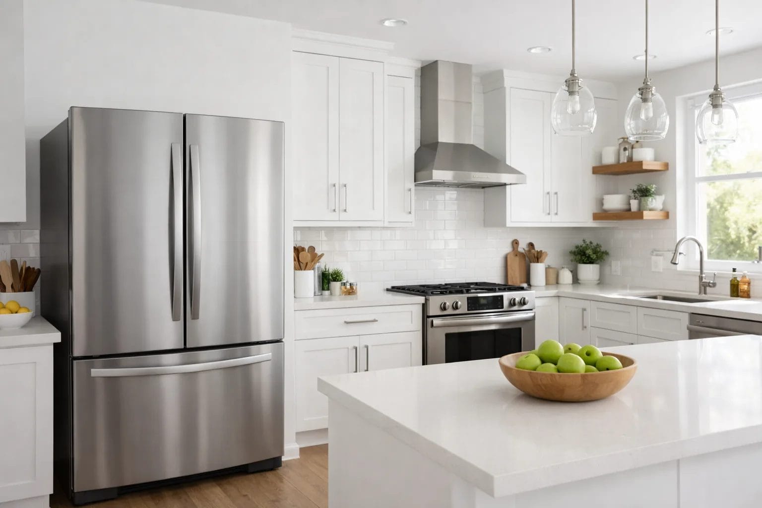 Clean modern kitchen with refrigerator top completely clear, bright natural light