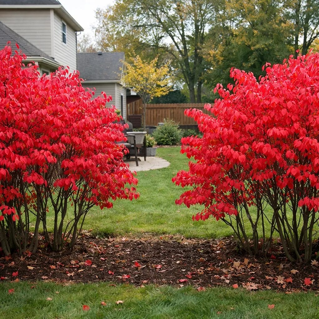 [realistic US suburban backyard showing Burning Bush shrubs in full autumn red, tall but open at the base, clearly see-t