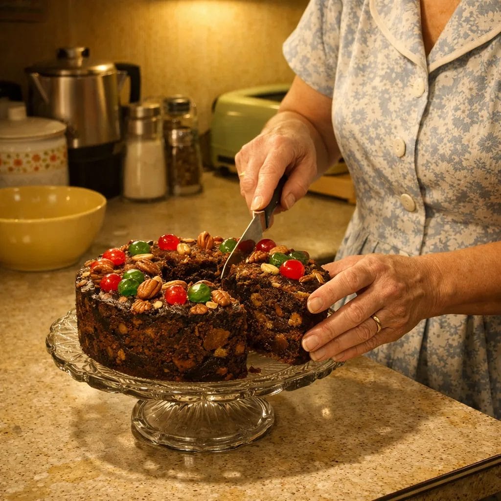 A 1960s kitchen counter with a dark dense fruitcake on a cake plate, decorated with candied cherries and nuts, a woman i