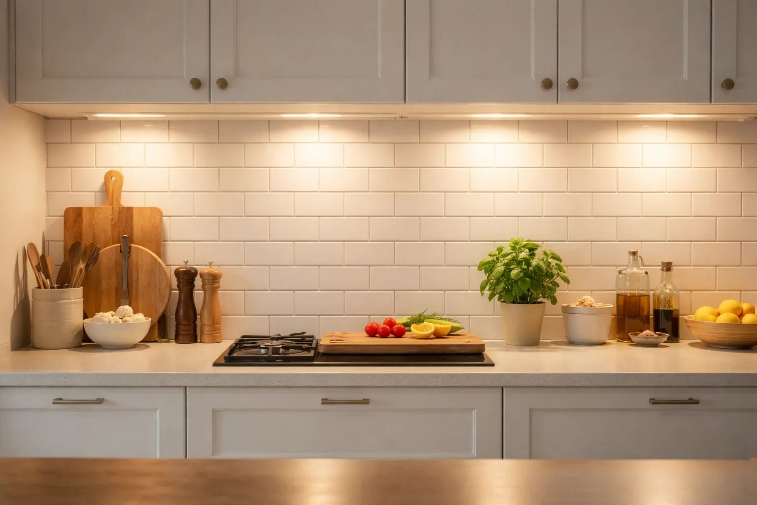 Kitchen under-cabinet LED lighting illuminating the counter and backsplash in warm light