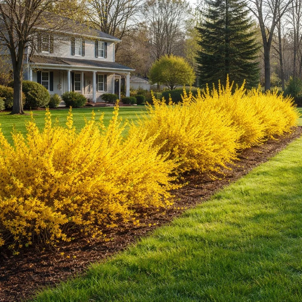 [realistic US suburban front yard with bright yellow blooming Forsythia shrubs along a property edge in early spring — p