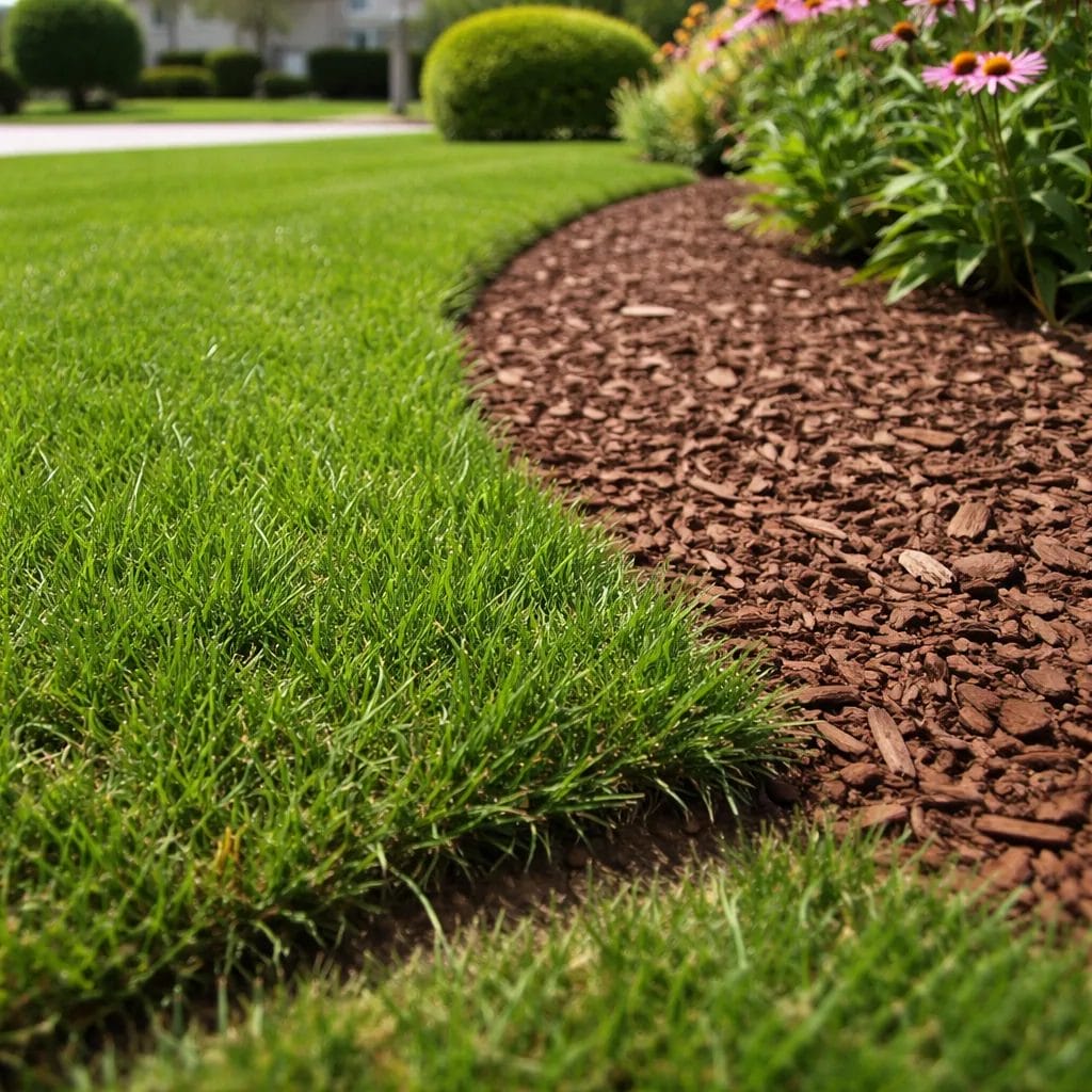 [Lawn edge cut only a half-inch deep, grass visible creeping back over the cut line into a mulch garden bed, suburban fr