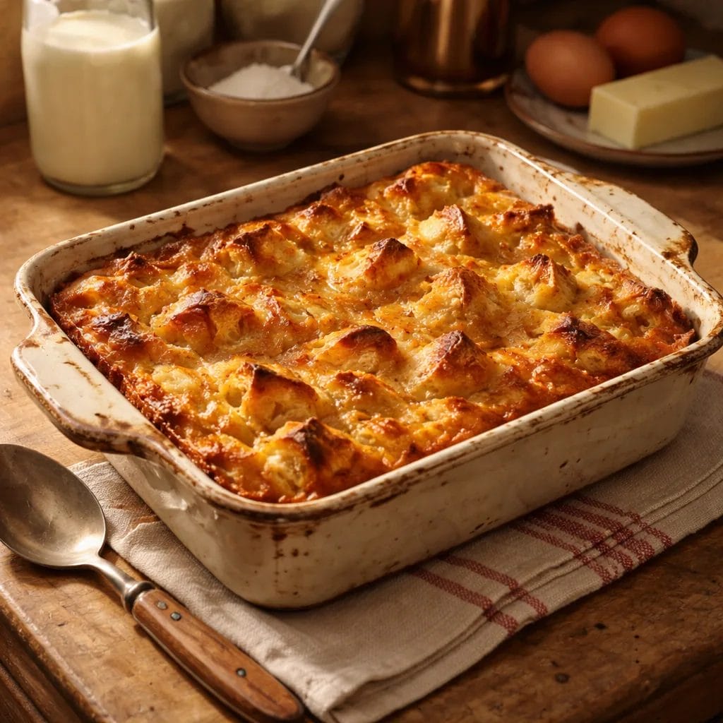 golden bread pudding in a worn ceramic baking dish, slightly crispy top, custardy center, visible pieces of stale bread,