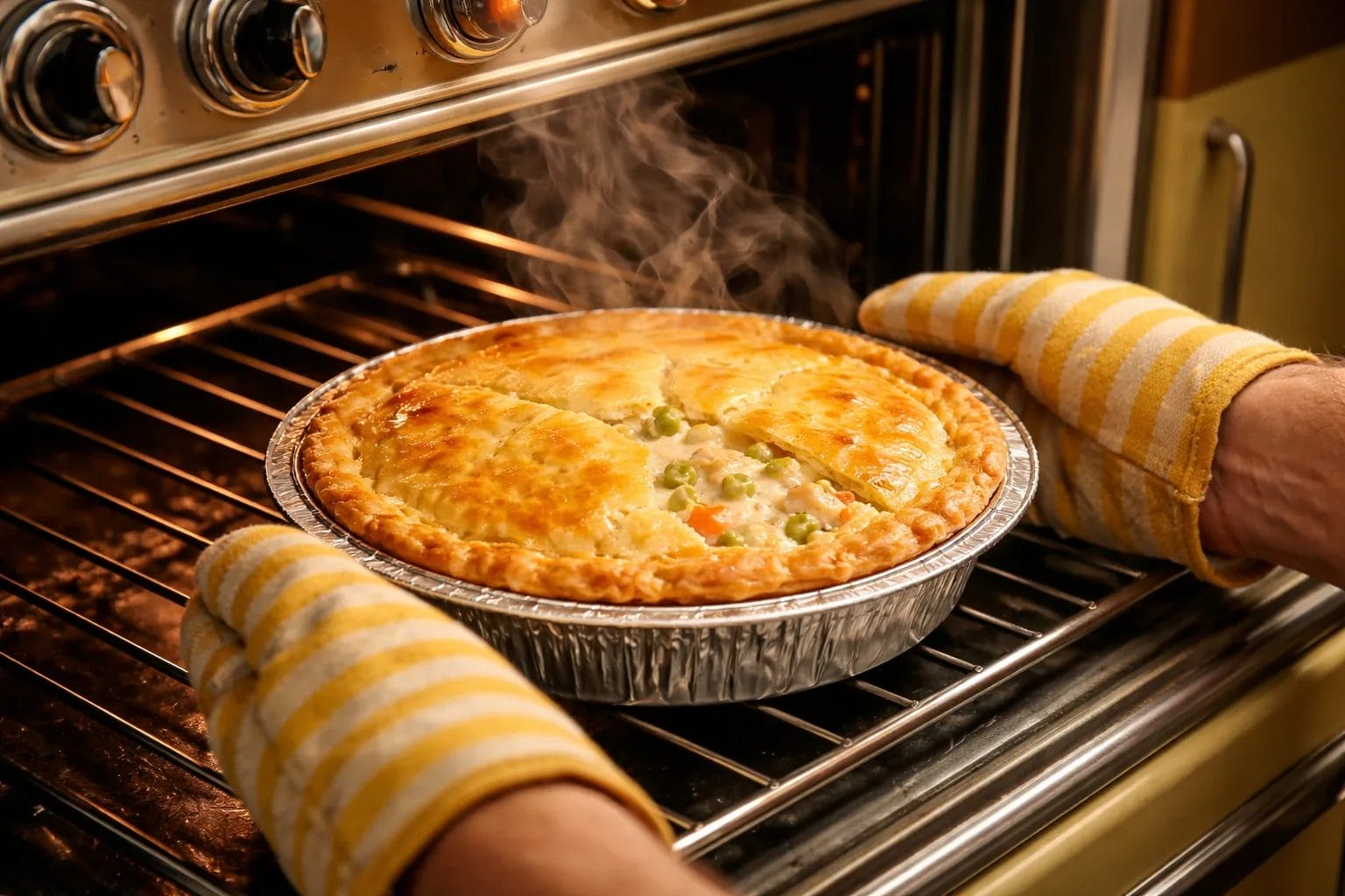 Golden-crusted Swanson chicken pot pie being pulled from a 1970s oven in its original foil tin, steam rising