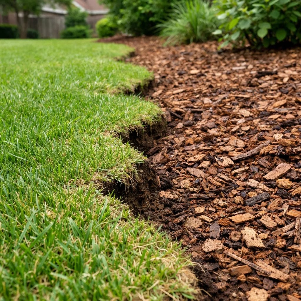 [Lawn edge showing varying depth along its length, some sections cut deep and some barely cut, garden bed mulch visible,