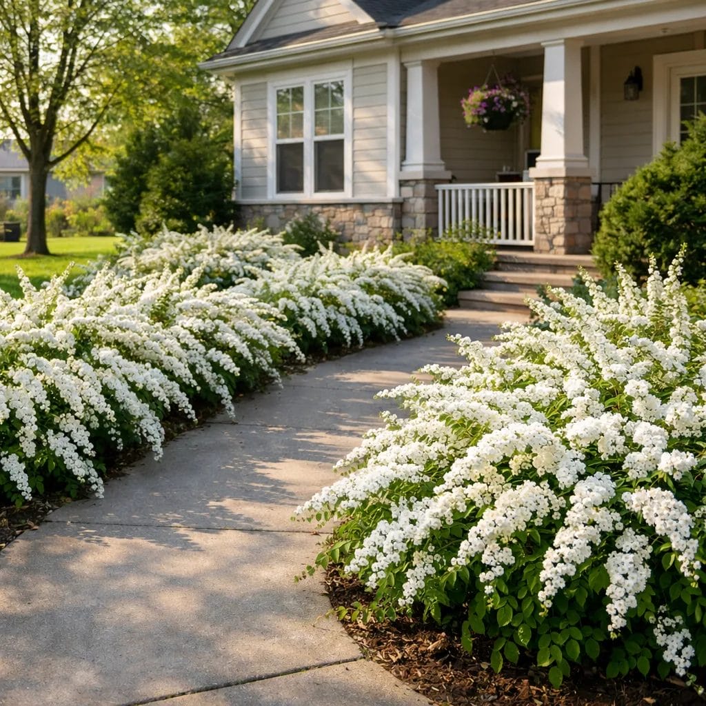 [realistic US suburban front yard with white blooming Spirea shrubs along a walkway in spring — photorealistic, natural 