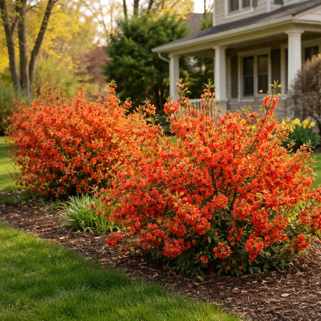 [realistic US suburban yard with bright orange-red blooming Flowering Quince shrubs in early spring — photorealistic, na