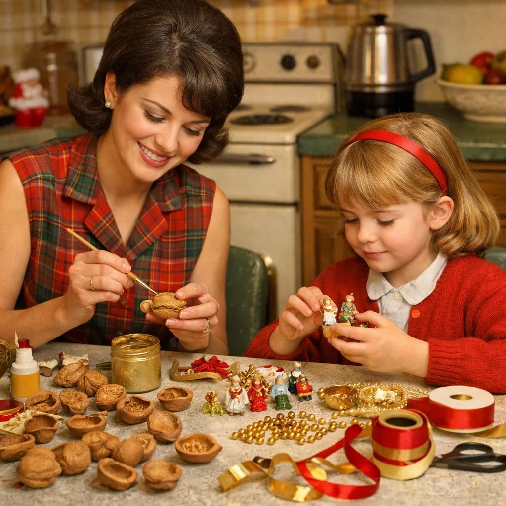 A 1960s kitchen table covered with craft supplies — walnut shells, gold paint, ribbon, small figurines — a woman and chi