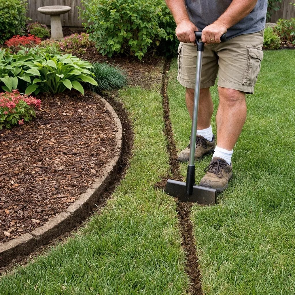 [Homeowner forcing a straight edger path on a naturally curved garden bed border in a suburban backyard, visible distort