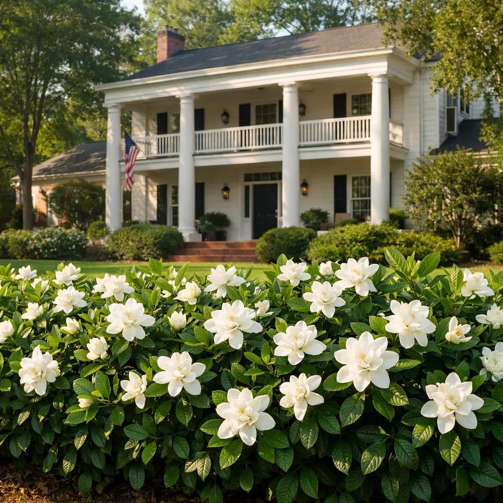 [realistic US suburban front yard with a fragrant white-blooming Gardenia hedge in summer — photorealistic, natural morn