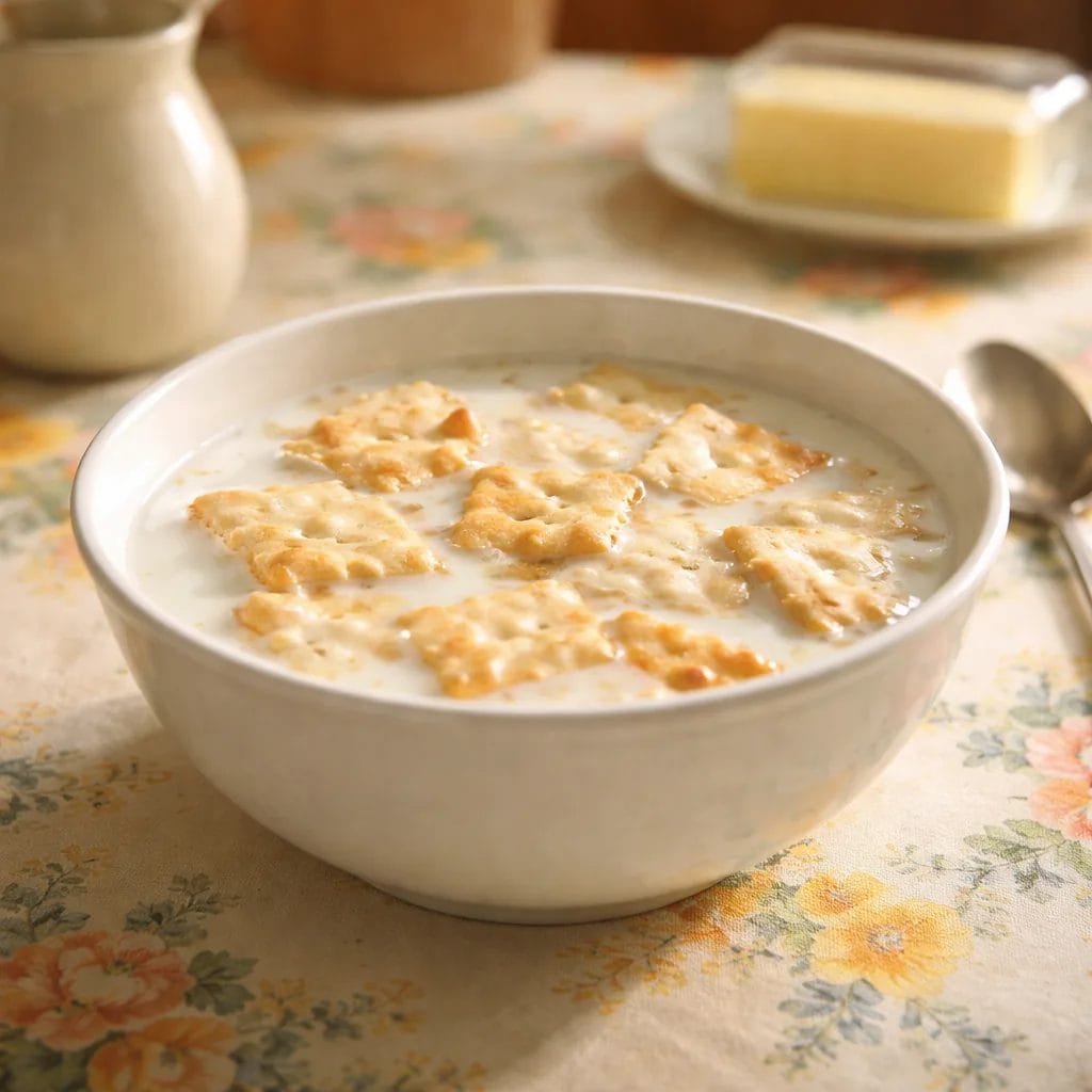 simple soda crackers broken into pieces floating in a bowl of whole milk, plain white ceramic bowl, oilcloth table cover