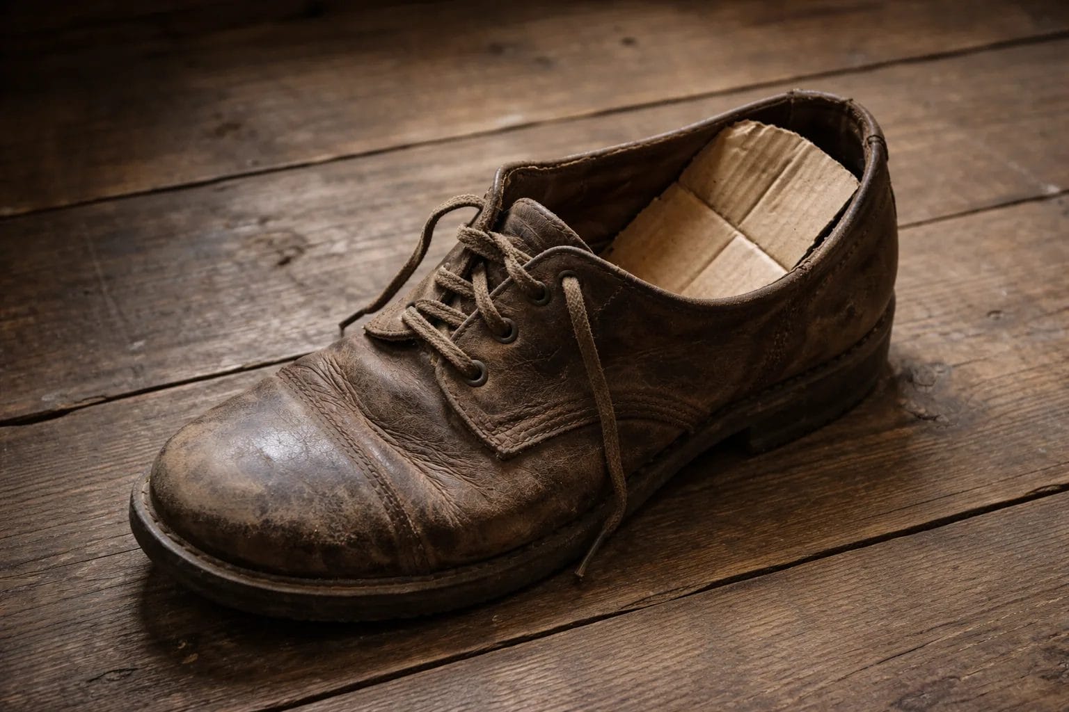 Worn 1930s era leather work shoe with cardboard insert visible inside, simple wooden floor, natural light