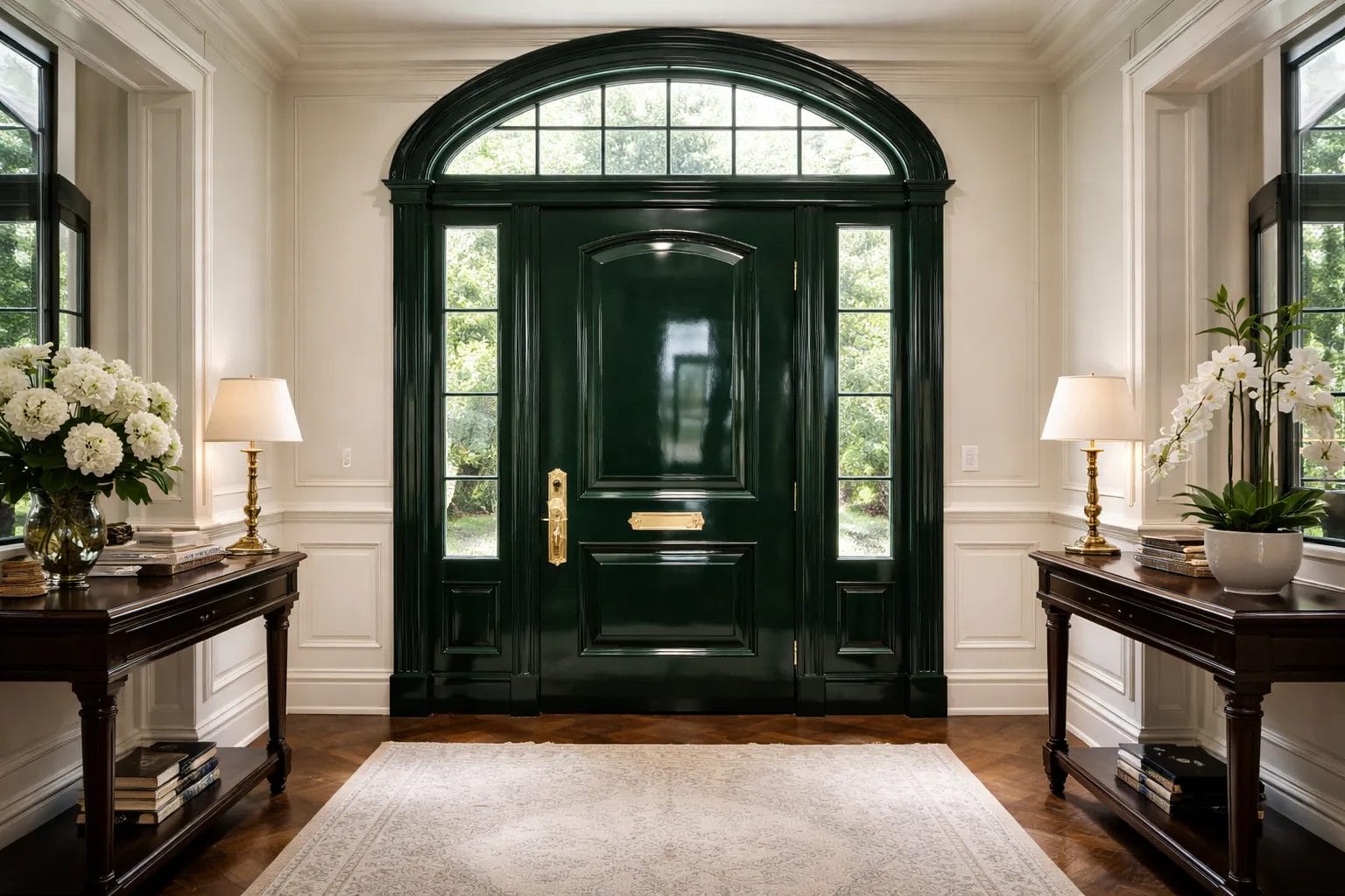 Elegant front door interior painted in a deep navy or forest green high-gloss finish, viewed from inside the entryway