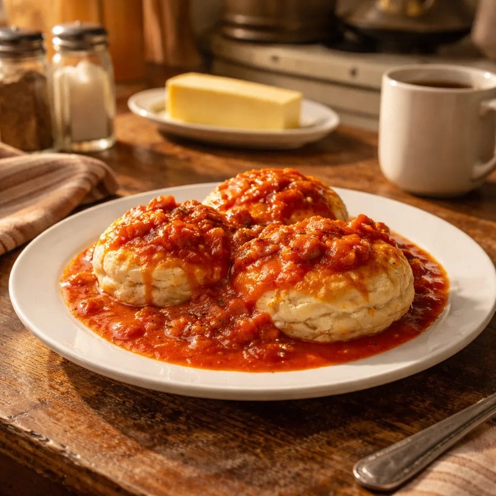 golden fluffy biscuits on a plain plate covered in rich red tomato gravy, simple white plate, worn wooden table, warm mo