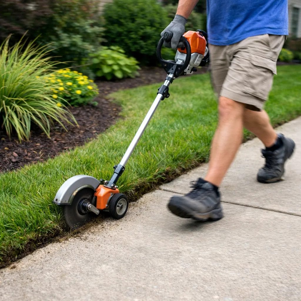 [Homeowner walking at a quick pace running a powered edger along a driveway edge, motion blur on legs, grass and garden 