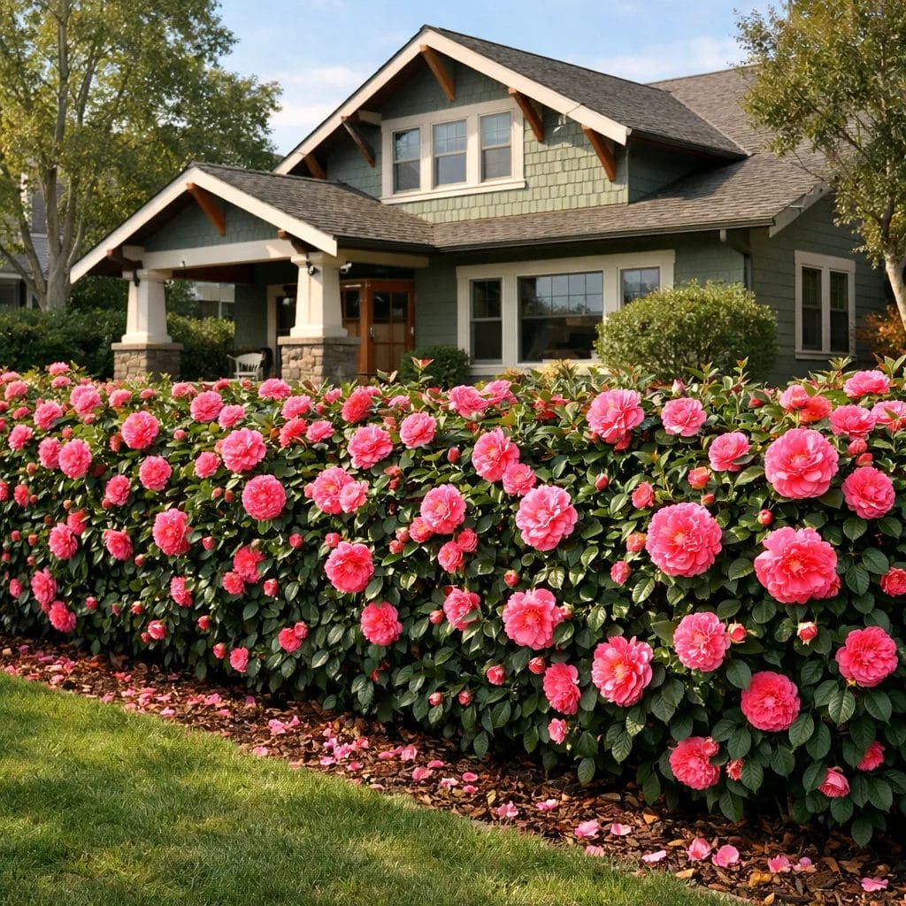 [realistic US suburban Southern front yard with pink blooming Camellia hedge along a property boundary — photorealistic,