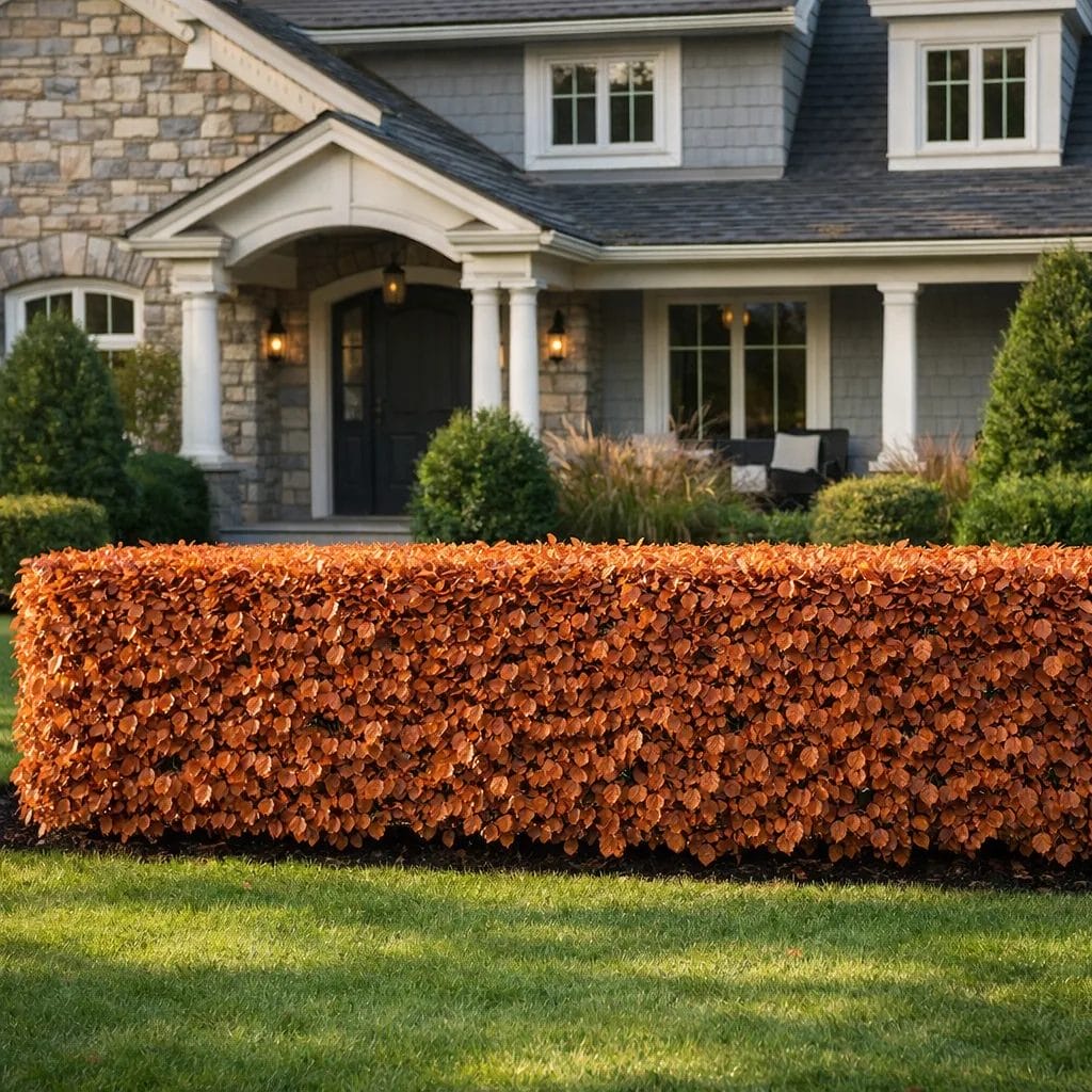 [realistic US suburban front yard with a formal clipped European Beech hedge with copper autumn leaves — photorealistic,