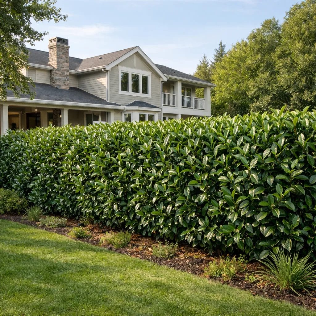 [realistic US suburban backyard with a glossy-leaved Portuguese Laurel hedge along a garden boundary — photorealistic, n