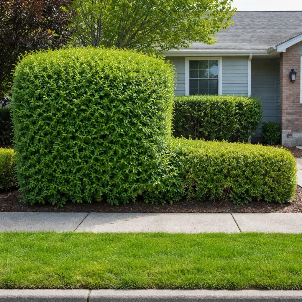 [realistic US suburban front yard showing a hedge that has grown significantly taller and wider on one side due to sun e