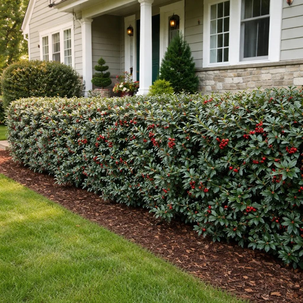 [realistic US suburban front yard with a dense blue-green Meserve Holly hedge with red berries along a home foundation —