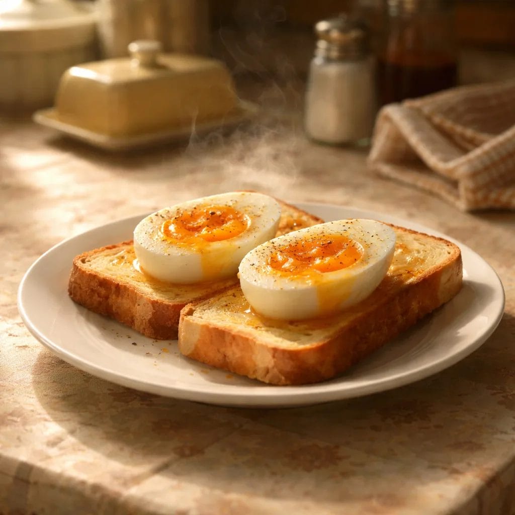 two soft-boiled eggs cut in half and placed on two slices of white toast, simple white plate, worn oilcloth table, morni